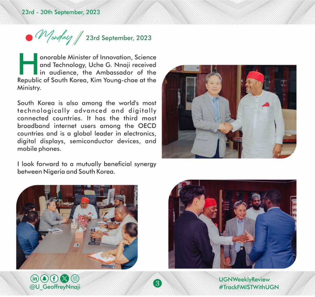 moore_ojo's tweet photo. HON. MINISTER OF INNOVATION, SCIENCE AND TECHNOLOGY, UCHE G. NNAJI’S WEEK IN REVIEW
23rd, September - 30th September, 2023
#UGNWeeklyReview
#TrackFMISTWithUGN
#FMISTWithUGN https://t.co/fD9YIwqw6A