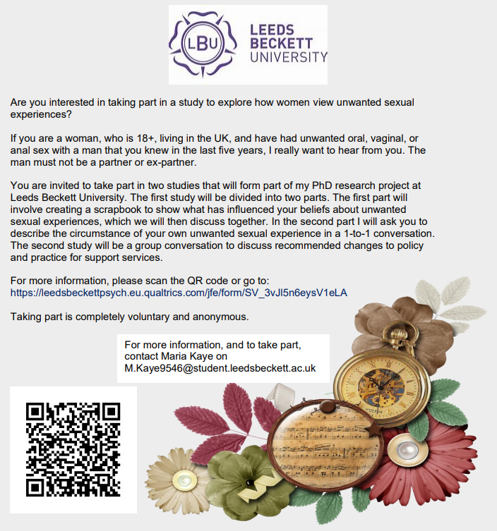 SSSH_research's tweet photo. Recruitment announcement: PhD student Maria Kaye is investigating 'How women view unwanted sexual experiences'. If you are a woman, living in the UK, 18+ and has had an unwanted sexual experience in the last five years then consider participating: https://t.co/sXneD8Rgrq https://t.co/UNkVNYd17T