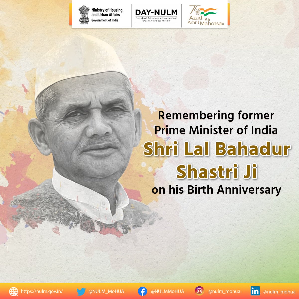 Saluting the simplicity and wisdom of our Former Prime Minister Shri #LalBahadurShastri ji on his Jayanti! Let's carry forward his vision of self-reliance and progress by promoting #DAYNULM, working towards the economic upliftment of urbanpoor.

#LalBahadurShastriJayanti