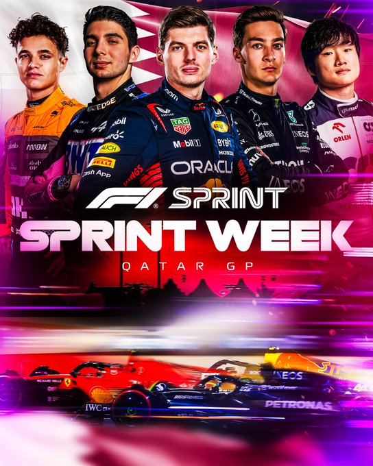 A graphic with the words 'Sprint Week, Qatar GP', featuring Lando Norris, Esteban Ocon, Max Verstappen, George Russell, and Yuki Tsunoda.