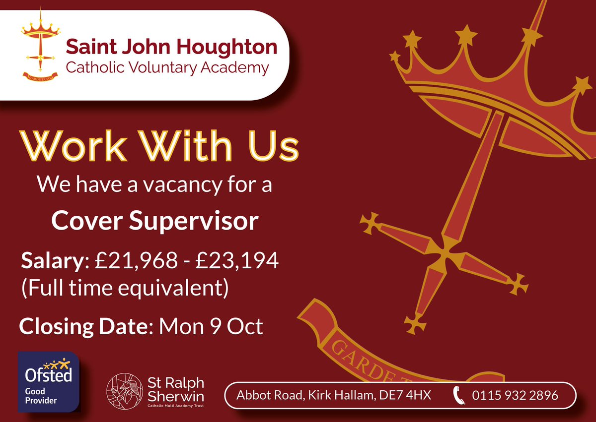 📣We are hiring 📣 We are recruiting a Cover Supervisor. Come and join our Saint John Houghton family! Please share. Apply now! bit.ly/3PZl3TA