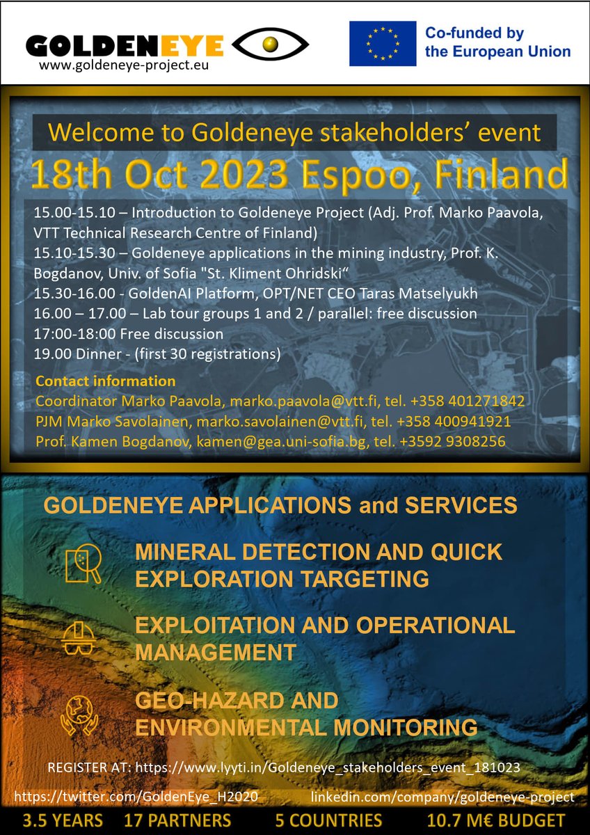 Save the date for the GoldenEye project's stakeholder event on Oct 18 in Espoo, Finland. Do not miss this chance to learn about the cutting-edge developments in Earth observation, artificial intelligence platforms, and novel sensor technologies tailored for the mining industry.