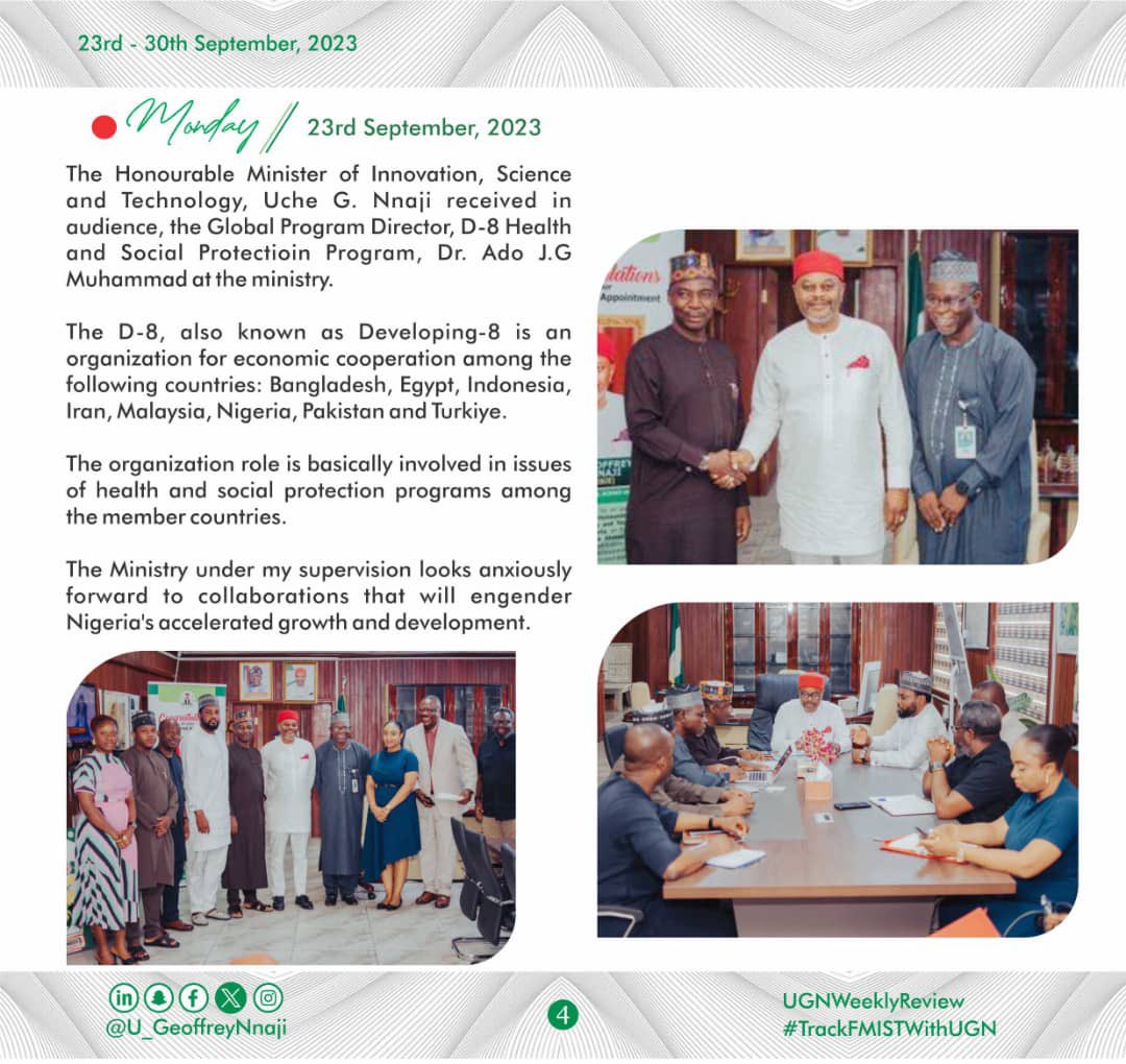 Mooore_ojo's tweet photo. HON. MINISTER OF INNOVATION, SCIENCE AND TECHNOLOGY, UCHE G. NNAJI’S WEEK IN REVIEW
23rd, September - 30th September, 2023
#UGNWeeklyReview
#TrackFMISTWithUGN
#FMISTWithUGN https://t.co/G9q8BmAblf