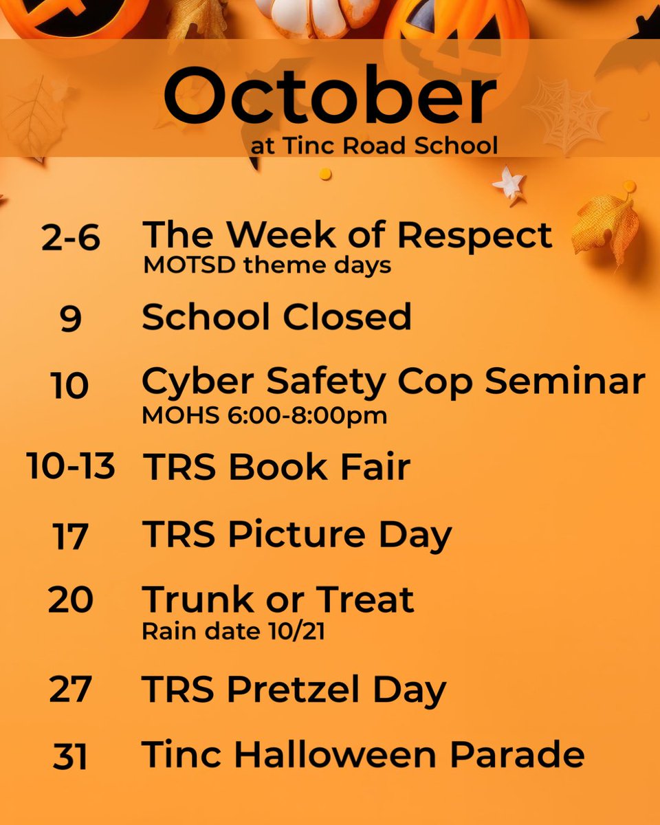 Tinc Road PTO (@ptotinc) on Twitter photo October is a busy month <a href="/tincroadschool/">Tinc Road Elementary School</a>! ππ» Sharpen your pencils because there are a lot of dates to save! πβοΈ
Remember today kicks off The Week of Respect so rock your favorite MO gear π€©γ½οΈβοΈ October is a busy month <a href="/tincroadschool/">Tinc Road Elementary School</a>! ππ» Sharpen your pencils because there are a lot of dates to save! πβοΈ
Remember today kicks off The Week of Respect so rock your favorite MO gear π€©γ½οΈβοΈ