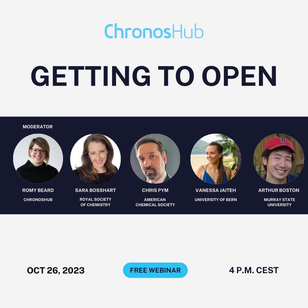 Chronoshub's tweet image. 🗓️ Mark your calendars for Oct 26! Don't miss our webinar with speakers from @unibern, @murraystateuniv, 
@RoySocChem and @AmerChemSociety. Join the discussion on shaping the future of scholarly communication. Sign up today: chronoshub.io/events/getting…