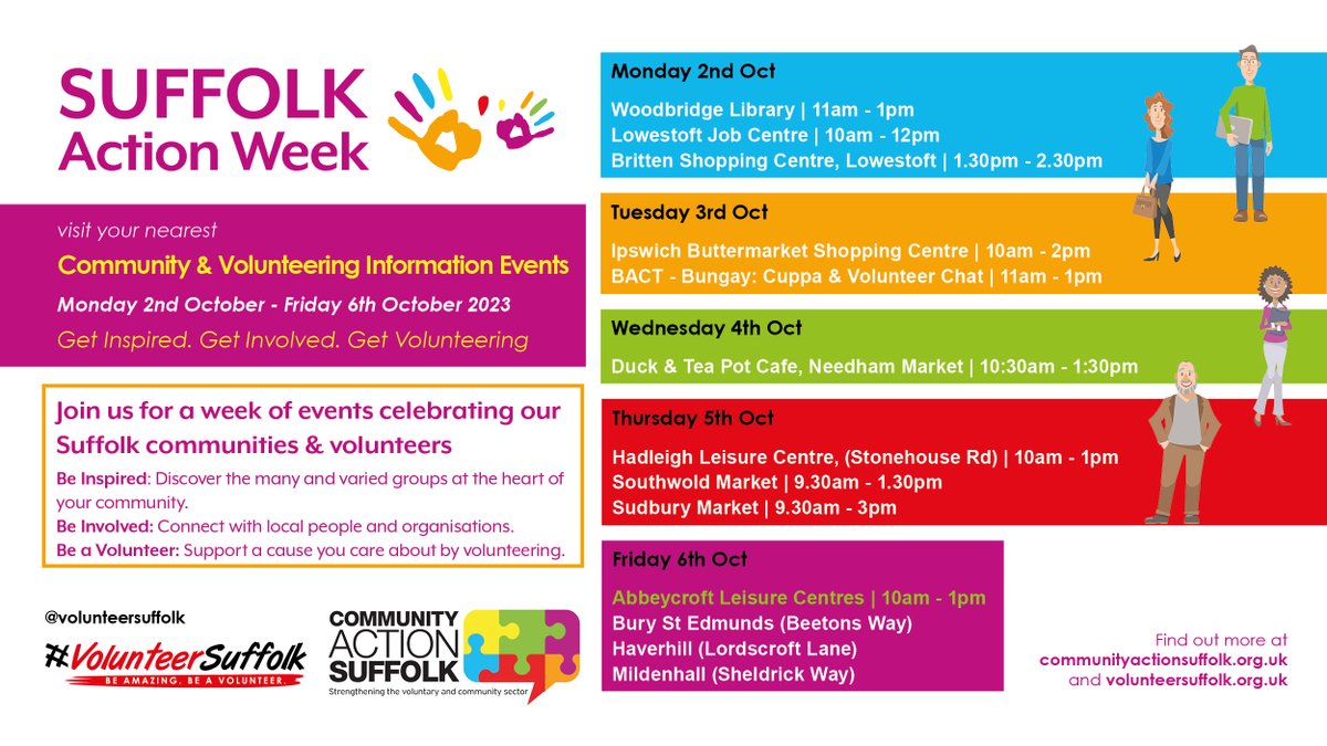 CASuffolk's tweet photo. It's #SuffolkActionWeek &amp; our friendly volunteering team are out &amp; about giving information and advice on all things volunteering. Do pop along &amp; see them if you are interested in volunteering. Today we have events in Woodbridge &amp; Lowestoft. 
#volunteer #Suffolk https://t.co/DUMbf10mVX