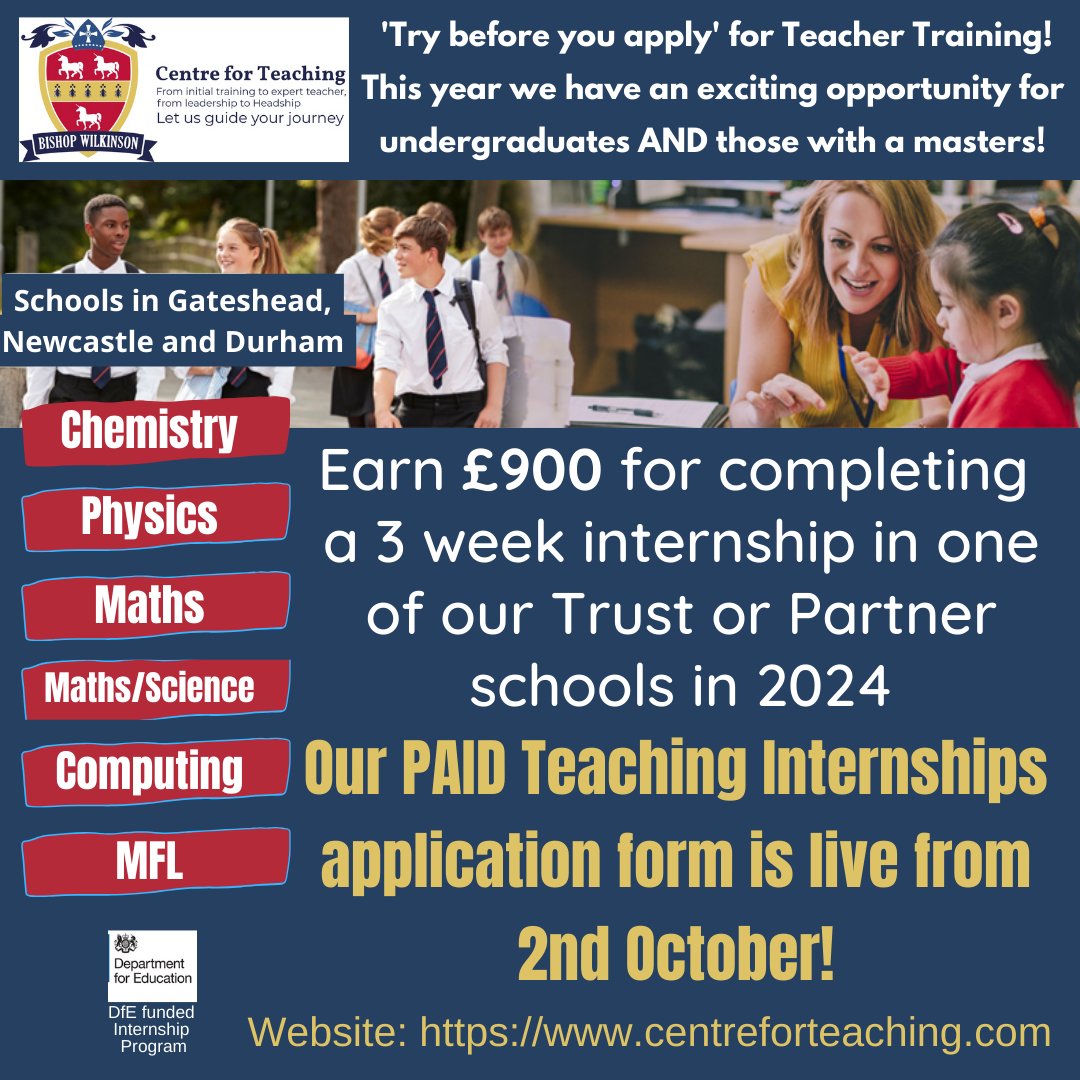 CforTeaching's tweet photo. 📢#Internships applications are open!
Apply for our 3 week PAID internship programme in June / July 2024 ⬇️
Apply via the Centre for Teaching website:
https://t.co/Db0WMrWea9
#Chemistry
#Physics
#Maths
#MathsScience
#Computing
#MFL
Let us guide your journey! https://t.co/lohkbuiJdI