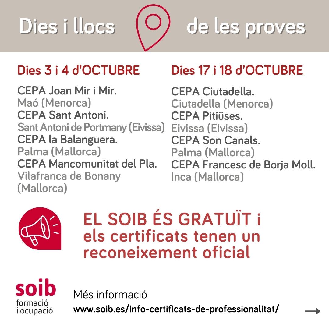 SOIBgoib's tweet photo. 📣Vols accedir a un certificat professional de nivell 2 o de nivell 3 però no tens la titulació requerida⁉️
✍️Apunta't a les PROVES DE COMPETÈNCIES CLAU
🚨Pròximes dates: 3, 4, 17 i 18 d'octubre 2023
ℹ️ Més informació, com i on inscriure't, a https://t.co/iPcwTUMml3
#FormacioSOIB https://t.co/MXDskFtPkb