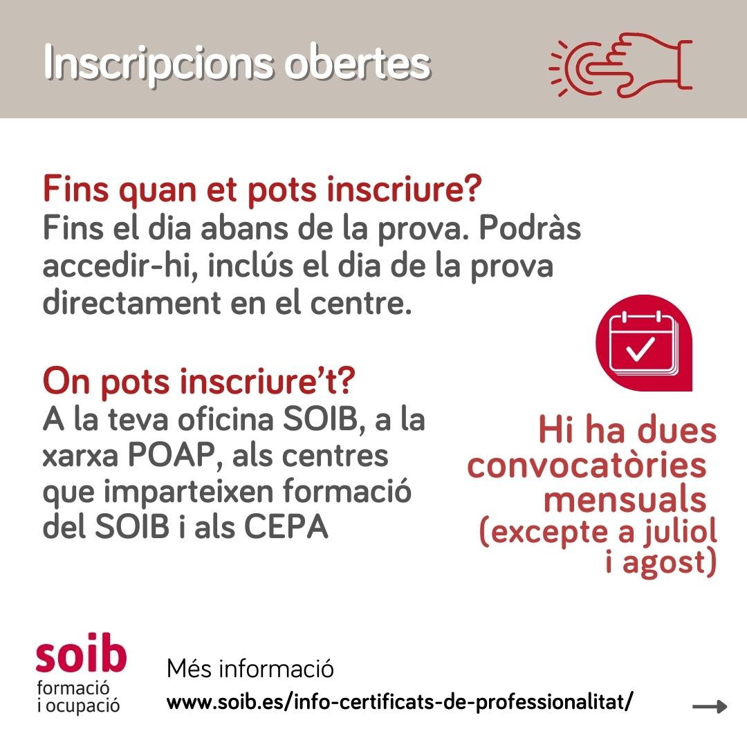 SOIBgoib's tweet photo. 📣Vols accedir a un certificat professional de nivell 2 o de nivell 3 però no tens la titulació requerida⁉️
✍️Apunta't a les PROVES DE COMPETÈNCIES CLAU
🚨Pròximes dates: 3, 4, 17 i 18 d'octubre 2023
ℹ️ Més informació, com i on inscriure't, a https://t.co/iPcwTUMml3
#FormacioSOIB https://t.co/MXDskFtPkb