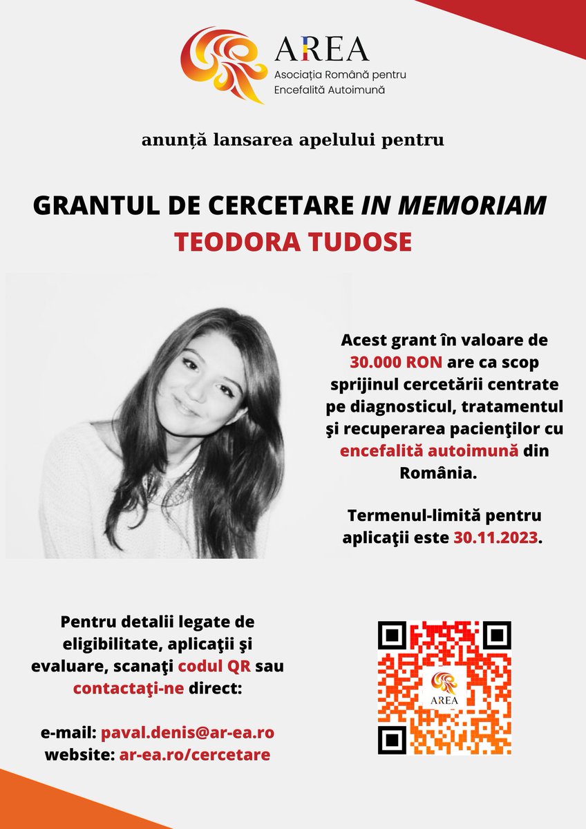 area_ro's tweet photo. Asociația Română pentru Encefalită Autoimună lansează apelul pentru Grantul de cercetare in memoriam Teodora Tudose. 

Pentru mai multe detalii legate de aplicație, vizitați: https://t.co/TkNKlaQ1Da https://t.co/tVSgRDQGZW