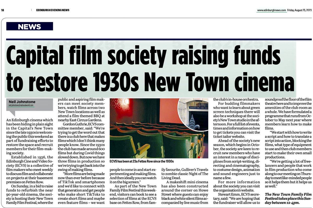 Edinburgh Cine &amp; Video Society
(Edinburgh’s Secret Cinema)
New autumn programme commences on Thursday 5th October. See our new website for more information 
ecvs.co.uk