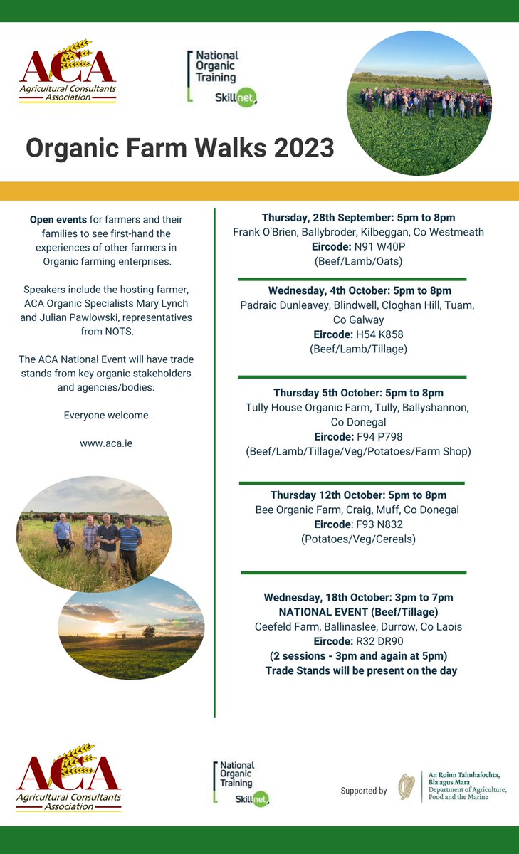 ACA Organic Farm Events being held in Donegal and Galway this week, full details below - come along to this free event and check out the Organic Enterprises.