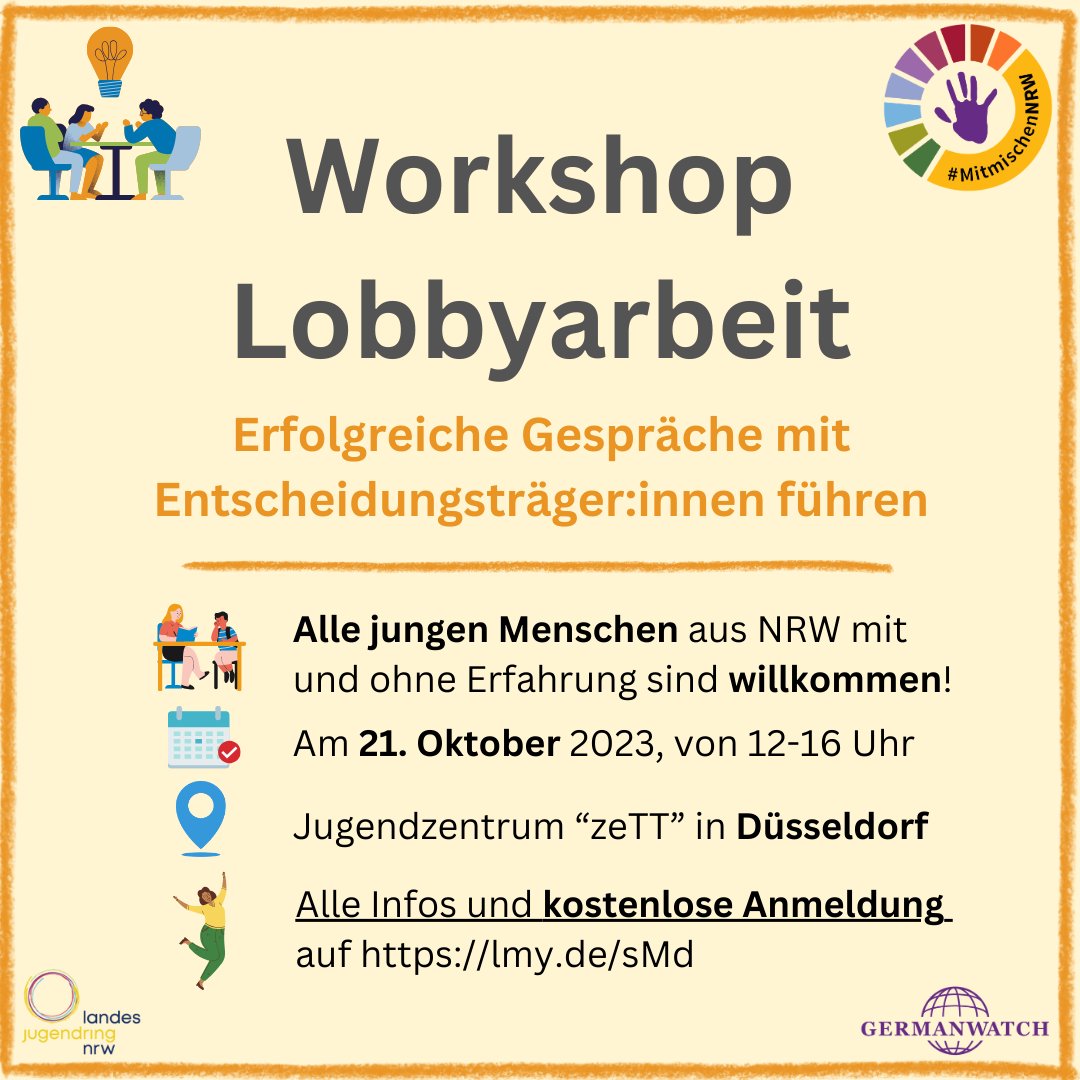 Du hast Lust deine Stimme in der Politik einzubringen &amp; willst lernen wie? Melde dich an zu unserem kostenlosen Workshop zu Lobbyarbeit am 21. Oktober in Düsseldorf! Anmeldung 👉 anmeldung.germanwatch.org/workshop/