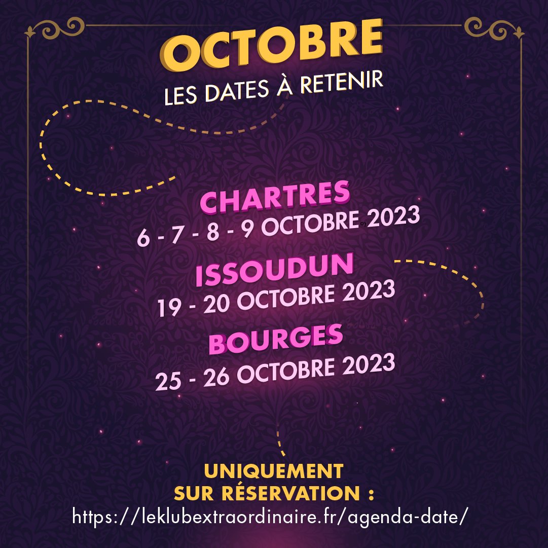 Retrouvez Le Klub Extraordinaire en octobre à #Chartres du 6 au 9, 
à #Issoudun les 19 et 20, 
Et à #Bourges les 25 et 26.

📆 Toutes nos dates  sur : swll.to/Rrj4qb3

#Klubextraordinaire #Tournée2023 #roadshow #centrevaldeloire #RCVL   <a href="/orientationcvl/">Orientation Formation Emploi Centre-Val de Loire</a> <a href="/RCValdeLoire/">Région Centre-Val de Loire</a>