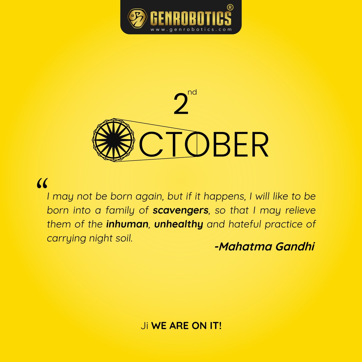GenRobotic's tweet photo. You must be the change you wish to see in the world. Our fight to end #manualscavenging began in 2017. Join us in the #MissionRobohole ๐ค #HappyGandhiJayanti ๐ฎ๐ณ #Genrobotics #GenRevolution
@pmoindia
@MoHUA_India
@moefcc
@MSJEGOI
@byadavbjp
@Drvirendrakum13 https://t.co/8RHUcgp2ro