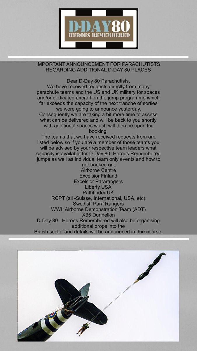 IMPORTANT ANNOUNCEMENT FOR PARACHUTISTS REGARDING ADDITIONAL D-DAY 80 PLACES