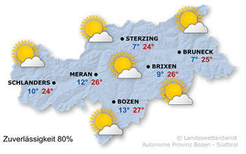 wetter.provinz.bz.it
Wetter morgen: Tagsüber viel Sonnenschein, in der Nacht wechselhafter