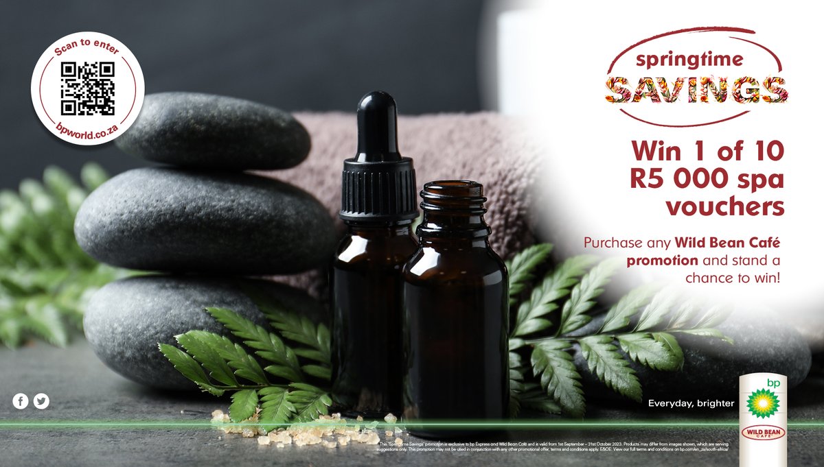 bp_SouthAfrica's tweet photo. Treat yourself today and WIN a Spa Treatment worth R5000!
Buy any Wild Bean Café promotions at bp and stand to WIN 1 of 10 R5000 spa vouchers!
To enter, see in store for more details or enter online at https://t.co/HHTjA5CS9g
#EverydayJourneys #springtimesavings https://t.co/I8jUiUwZLC