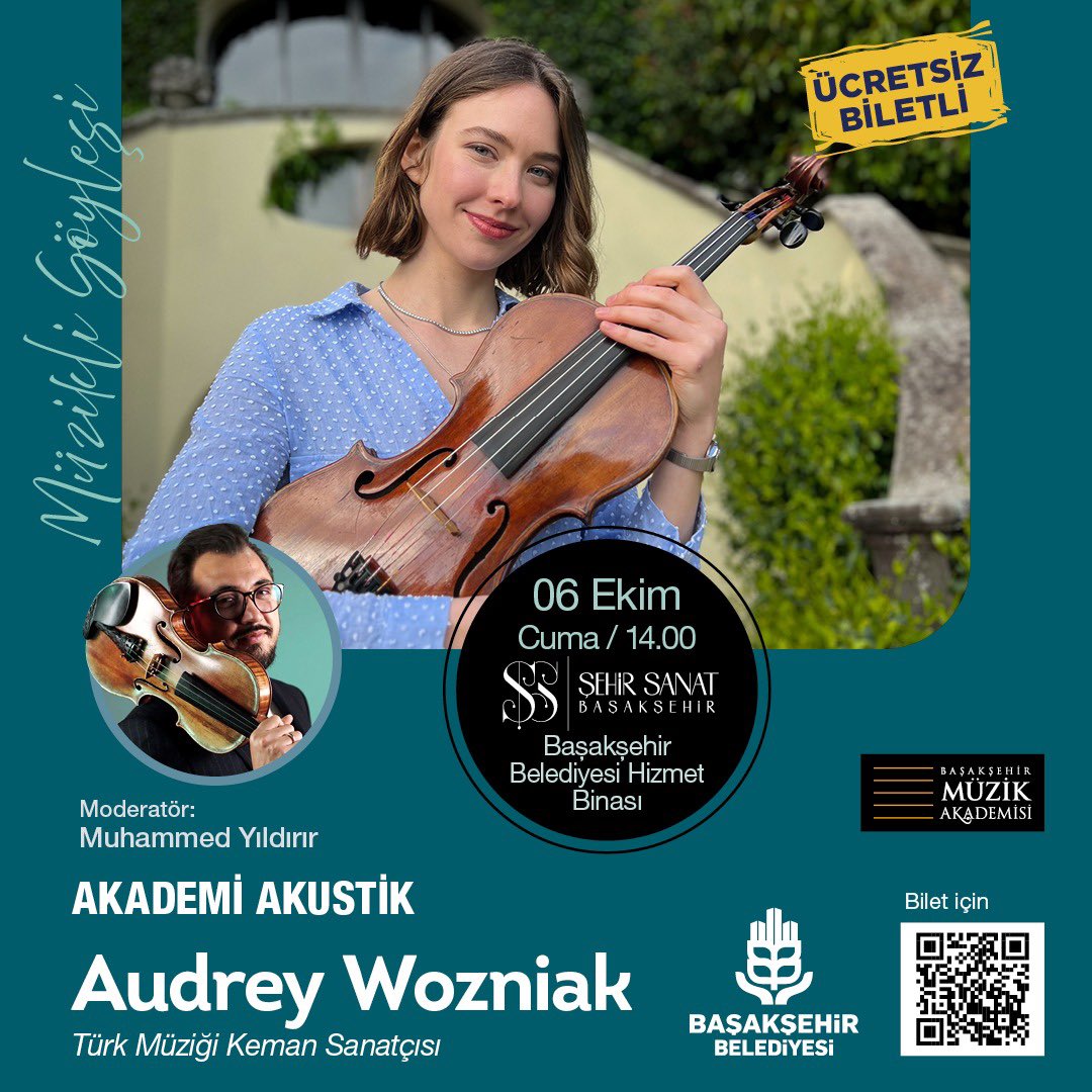 Basaksehir_Bld's tweet photo. Müzik ve sohbetin harmanlandığı Akademi Akustik'te, bu ay keman sanatçışı Audrey Wozniak ve bağlama sanatçısı Çetin Akdeniz'i ağırlıyoruz. 🎻🎼🎶

📲Şimdiden yerinizi ayırtmayı unutmayın. https://t.co/WbYGpjtS2Y