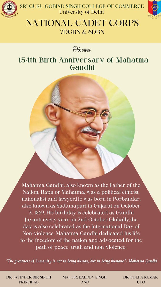 NCC coy of SGGSCC today marks the 154th birth anniversary of Mahatma Gandhi, hailed as the Father of the Nation, who led India to freedom through the path of non-violence and continues to be a globally revered figure.
Jai hind🇮🇳
#GandhiJayanti #NCC #sggscc