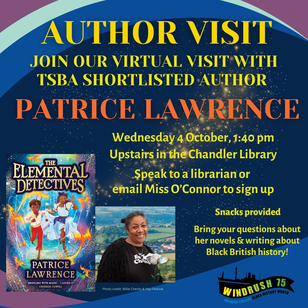 DCWodehouse's tweet photo. We are delighted to welcome @LawrencePatrice to virtually visit our @TSBA_UK shadowers to discuss The Elemental Detectives on Wednesday! All pupils are welcome - contact a librarian to sign up. @DulwichCollege #BlackHistoryMonth2023 https://t.co/eDVexdsSV5