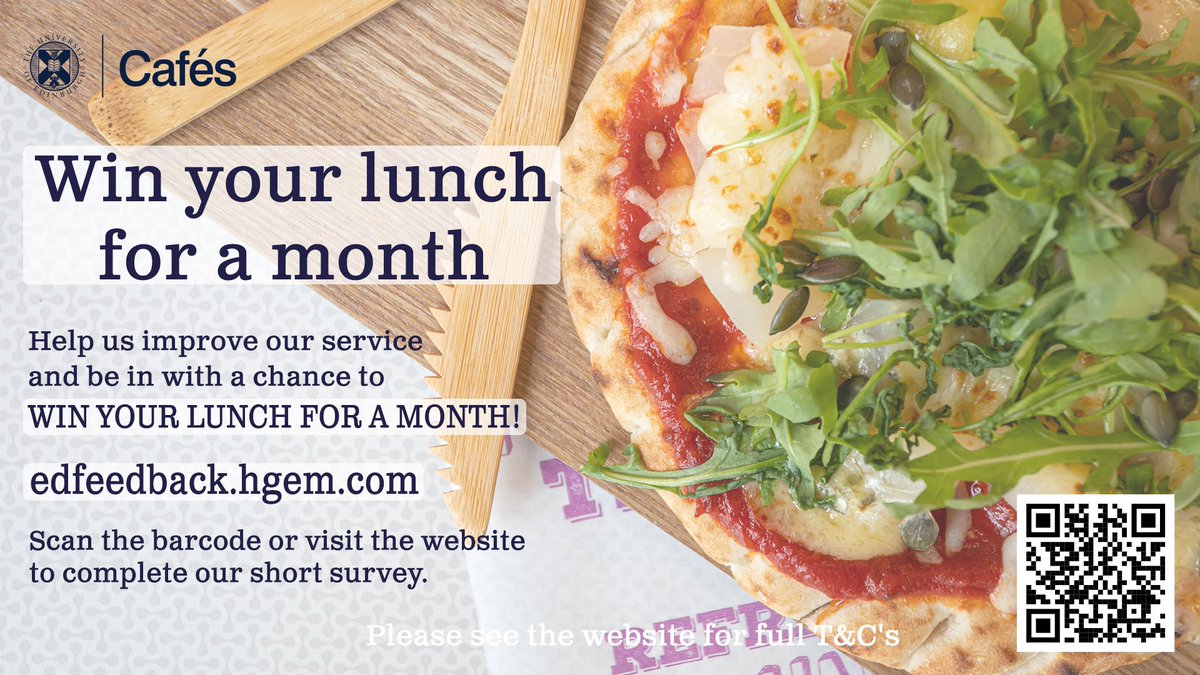 Fancy being in the draw to win your lunch  for a month? 

Enter via edfeedback.hgem.com and complete the short survey to take part in the draw.

<a href="/EdinburghUni/">The University of Edinburgh</a> <a href="/EdinUniEstates/">UoE Estates</a> @uoeliving <a href="/uoeKB/">King's Buildings</a> <a href="/EdUniMainLib/">University of Edinburgh Main Library</a> <a href="/TheDickVet/">The Royal (Dick) School of Veterinary Studies</a> <a href="/roslininstitute/">The Roslin Institute</a> <a href="/EdCentreCC/">ECCI</a> <a href="/InfAtEd/">School of Informatics, The University of Edinburgh</a>