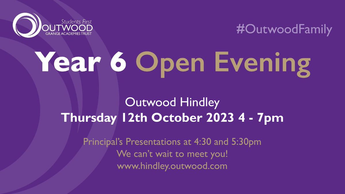 OutwoodHindley's tweet image. We look forward to seeing Y6 future #TeamHindley #OutwoodFamily students and parents on Thursday 12th October 4-7pm!
@PlattBridgeCC @HindleyJunior @HindleyGrSacred @All_Saints_Sch_ @HGCPSCHOOL @StJohnsHG @LeighStPeters