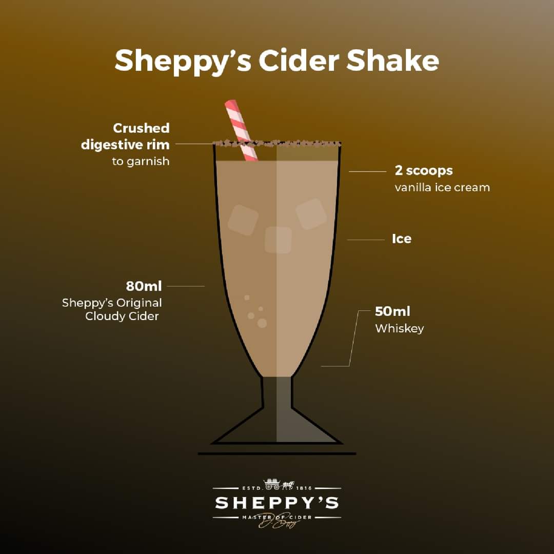 Interested in something a little different? Try our Sheppy's Cider Shake with an extra kick 🍦 Simply add all ingredients to a blender with some ice, blend until a smooth consistency and enjoy through a chunky straw. sheppyscider.com #Cider #SomersetCider #CiderShake