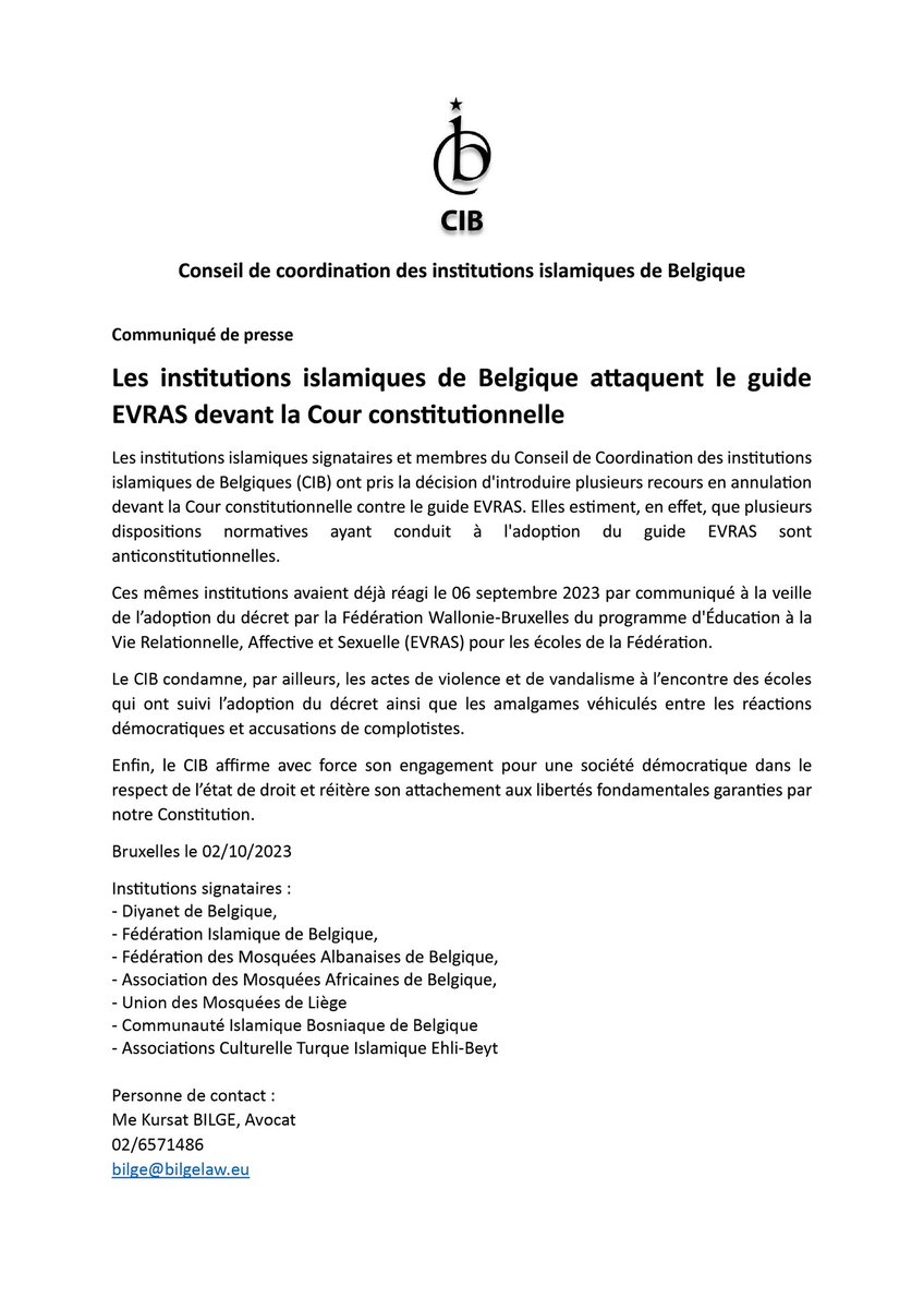Communiqué de presse
Les institutions islamiques de Belgique attaquent le guide EVRAS devant la Cour constitutionnelle