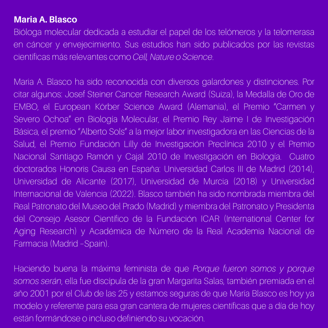 Clubdelas25's tweet photo. #PremiosC25 María Blasco, bióloga molecular recibirá el premio de manos de @AdelaMunozUS #MaríaBlasco es modelo y referente para esa gran cantera de mujeres científicas que a día de hoy están formándose o incluso definiendo su vocación. #PorqueFueronSomos #PorqueSomosSerán https://t.co/tQzBOyT3Vg