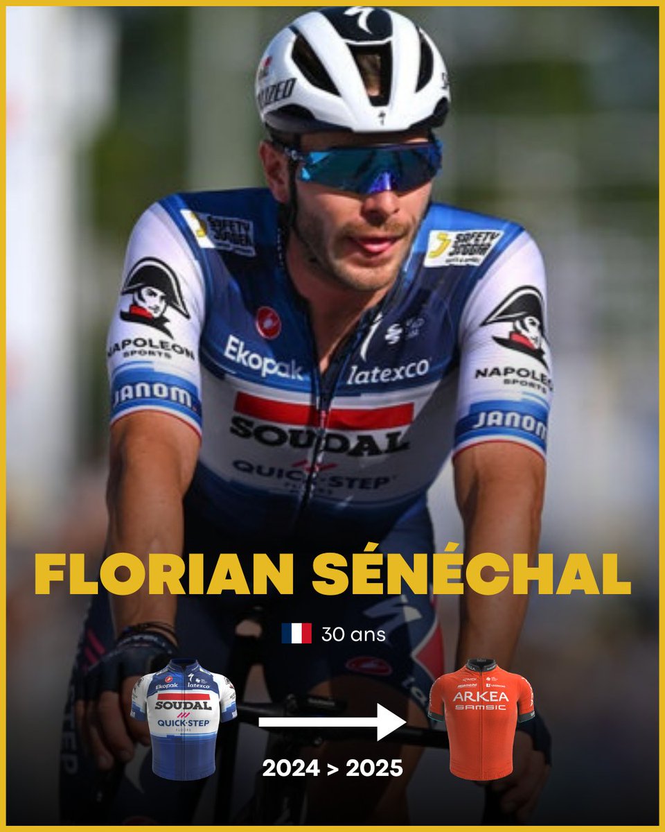 Après six années avec la structure Quick-Step, Florian Sénéchal (30 ans) retrouve une équipe française en signant pour deux saisons avec Arkéa-Samsic ! L'ancien champion de France visera les classiques et intégrera également le train d'Arnaud Démare. #Mercato