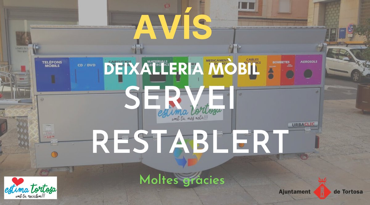 CuidemTortosa's tweet photo. 🟢AVÍS🟢

Es restableix el servei de Deixalleria Mòbil, després de reparar l'avaria puntual.

Avui s'ubicarà a #Vinallop.

🕦D'11.30 h a 18.30 h.

➡Podeu consultar la resta d'ubicacions a la web de @Tortosa.
https://t.co/G1rkpqFaTv

#EstimaTortosa #ambtureciclem♻️ https://t.co/ORNZUJA8om
