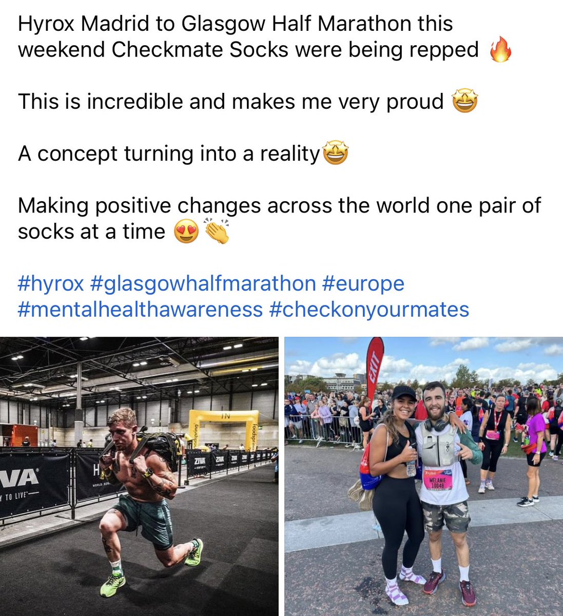 CheckmateSocks's tweet photo. 🙌👏 #MentalHealthAwareness #MentalHealthMatters #checkonyourmates #hyrox #glasgowhalfmarathon https://t.co/TXXISTWM2u