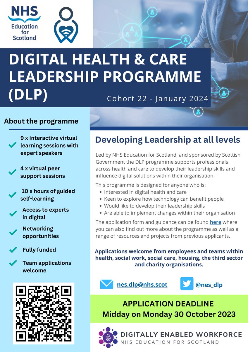 Apply for the Digital Health &amp; Care Leadership Programme starting Jan 2024!

Applications welcome from employees and teams within health, social work, social care, housing, the third sector and charity organisations.

Deadline : 12pm 30/10/2023

Info/apply learn.nes.nhs.scot/52507