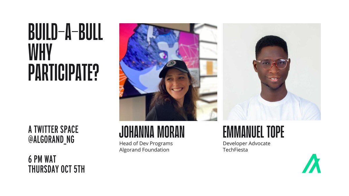 Algorand_NG's tweet photo. ๐ขGet ready for an electrifying X space with
@j0hmo and @OgunsakinTope8
as we dive deep into the Build-A-Bull hack๐๐Hear from them on steps to take to get the best out of the hack๐๐
๐๏ธSet a reminder here: https://t.co/RVb813kklq
#buildabull #AlgorandHackathon https://t.co/cdMnz128l6