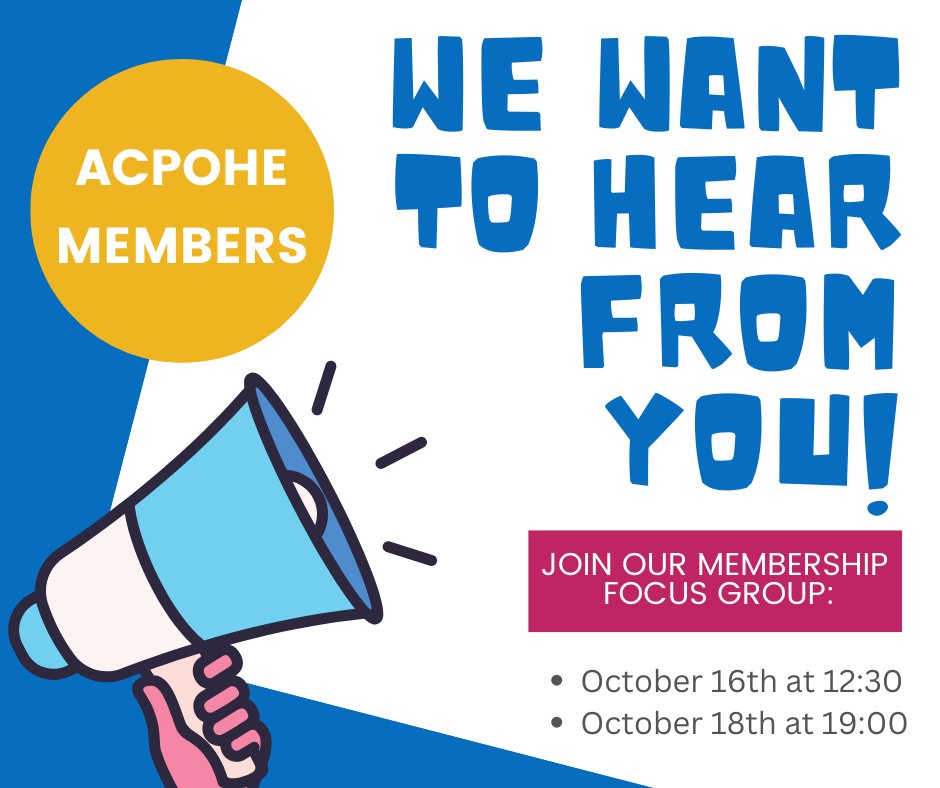ACPOHE  members! We want to know more about you, as ACPOHE members, on being respected, valued and listened to.

Join one of our focus groups:
16/10/23 | 12:30 pm 
18/10/23 | 19:00

Register here 👇 &amp; you will be sent an invite to join. 
forms.office.com/e/HcWFUzDVSK