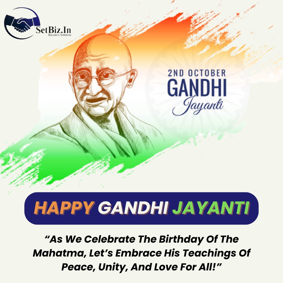 Setbiz_Solution's tweet photo. Happy Gandhi Jayanti
On the occasion of Gandhi Jayanti, let us take inspiration from Mahatma Gandhi Ji to convert ideas into actions to achieve the desired goals and work for a better and sustainable future. https://t.co/ZVH0Oxf9Gv