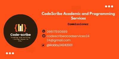 Robby24242001's tweet photo. Lf: Commissioner  

CodeScribe Academic and Programming Services  Our academic commissioning Team specializes in providing high-quality academic writing services to clients . We have a team of experienced writers who are dedicated to providing you with the best possible service. https://t.co/cVPnrFMvcj