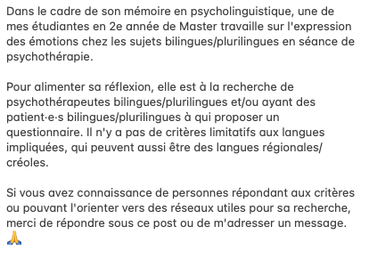 f_moncomble's tweet photo. 📢 A diffuser largement SVP !
#Psycholinguistique #Psychothérapie #Bilinguisme https://t.co/fSVAi4EwoE