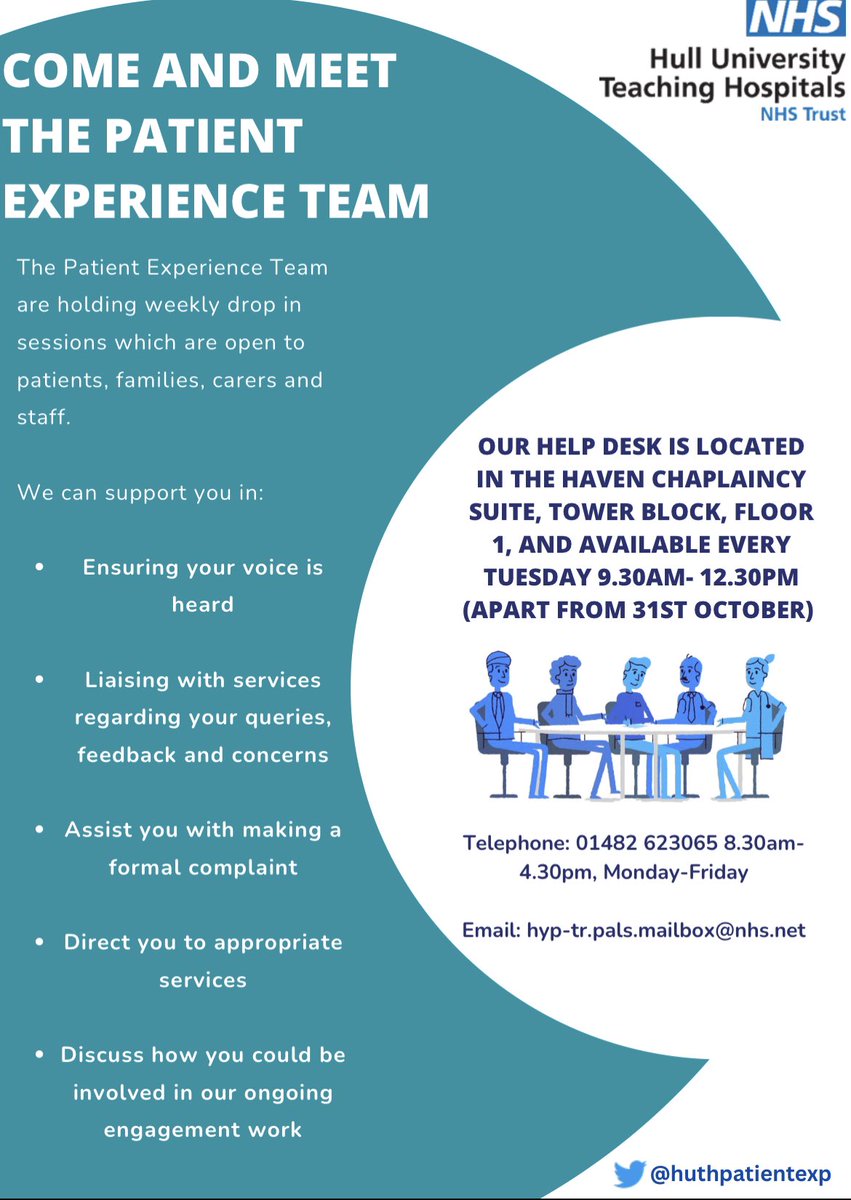 huthpatientexp's tweet photo. Our weekly drop in is back tomorrow. If you would like to visit the Patient Experience Team we will be in the Haven Chaplaincy Suite from 9.30am-12.30pm. https://t.co/4E423kkcFG