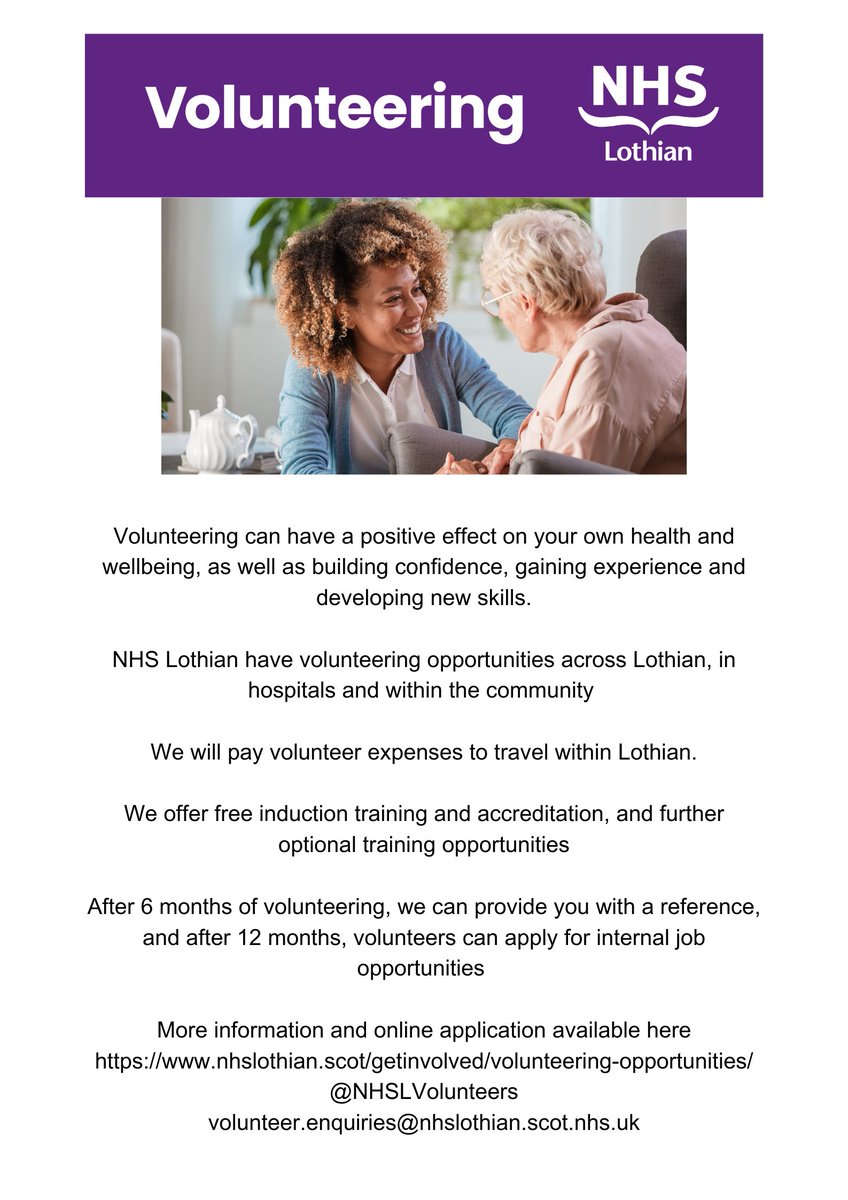 @NHS_Lothian have volunteering opportunity across Lothian in #hospitals and the #community See details below.