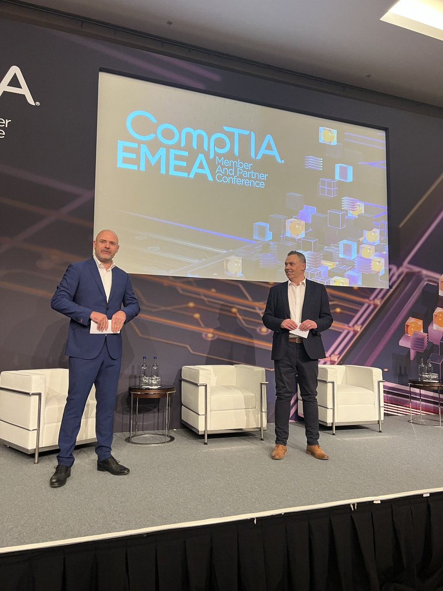 Graham and Jason were excited to announce the official release of our #TestOut product suite to the globe 🌍 Add these vendor-specific products to your CompTIA solution set to unlock even more learner potential. #EMEAcon #TeachCompTIA