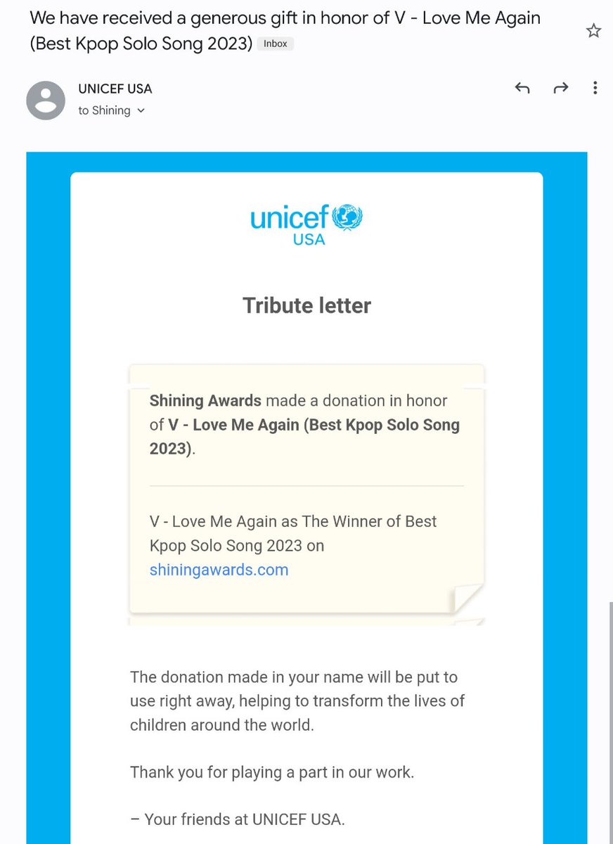 Shining_Awards's tweet photo. Here's a proof of donation to UNICEF under the winner's name as an expression of appreciation.
Hope that it will be useful to all who receive it. Thank you ❤️
More information 👇🏻
https://t.co/Fbp6aYiWN1
#bestkpopsolosong
#v #taehyung #bts #kimtaehyung
#bestkpopsolosong2023 https://t.co/G6mAiegt4V