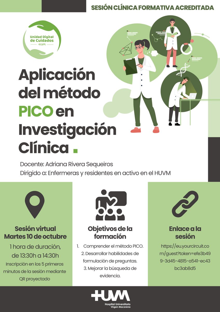 📢Enfermeras y residentes activos 
🗓️El próximo martes, 10 de octubre, <a href="/adrivera9/">Adriana Rivera</a> imparte el webinar sobre la aplicación del #metodoPICO en #InvestigaciónClínica 
🎥 eu.yourcircuit.com/guest?token=ef…