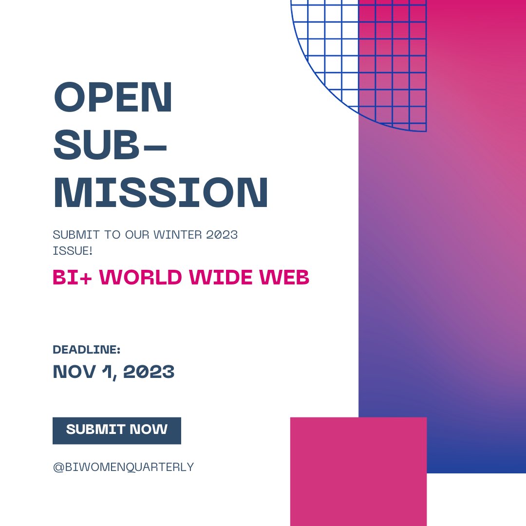 BiWomenQtly's tweet image. Submit to our Winter 2023 issue: Bi+ World Wide Web! 

The internet can be a place of community and love, as well as potential danger and fear. We invite your thoughts, reflections, experiences, and dreams related to the internet in bi+ people’s lives.