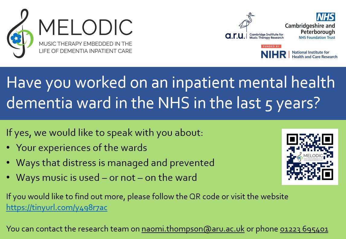 ❗️Do you have experience working, staying or supporting someone staying on a dementia mental health ward? If yes, we would love to speak with you as part of the #MELODIC project, see details below ⬇️ @drming_hung_hsu @DrBenUnderwood1 @EWolverson @CPFTResearch @NIHRresearch