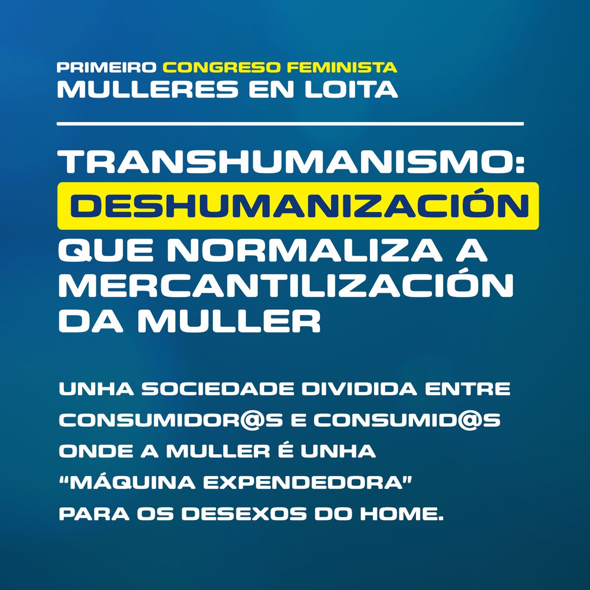 Estamos emocionadas de anunciar o I Congreso Feminista Mulleres en Loita: Transhumanismo, deshumanización que normaliza a mercantilización da muller.

🗓18-19 Novembro 2023
📍Teo (a 6 km de Santiago).

Iremos facendo avances do programa nos próximos días! ✊️
Vémonos alí?

#PFRG
