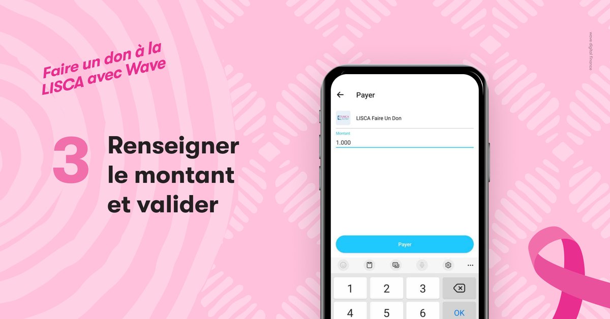 Octobre est là, Octobre Rose. C’est le moment idéal pour soutenir la LISCA, avec Wave. Depuis votre application, vous pouvez faire un don en suivant les instructions ci-après. Un petit geste pour une grande cause. Ensemble, luttons contre le cancer du sein. #Waveko #OctobreRose
