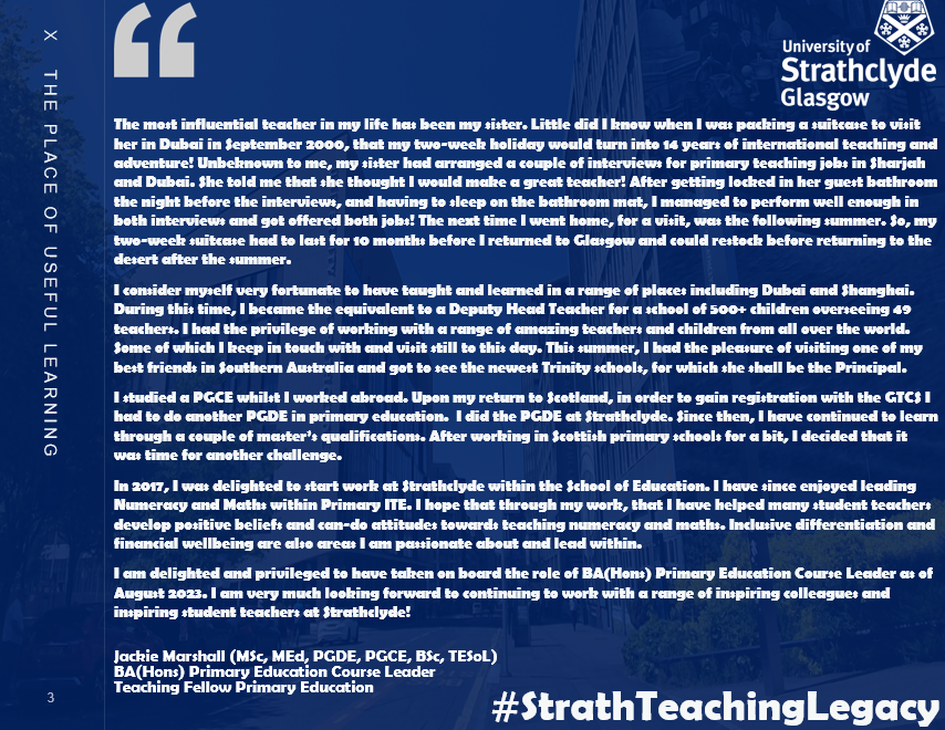 StrathEDU's tweet photo. We are getting closer to #WorldTeacherDay! Today's #StrathTeachingLegacy features our new and brilliant BAPE Course Leader, Jackie Marshall @Jackie8Marshall. Read more here... https://t.co/X3lOkL0jEb