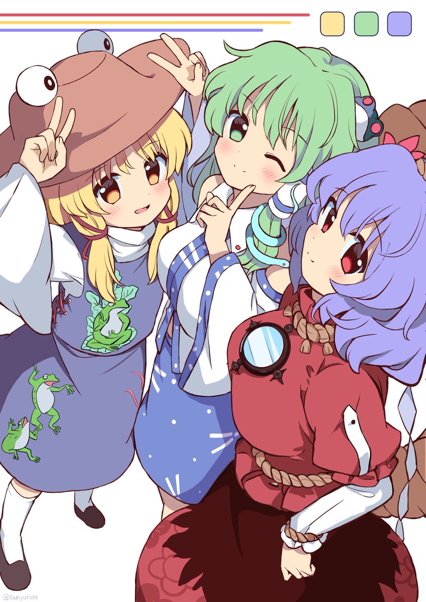 kochiya sanae ,moriya suwako ,yasaka kanako 3girls multiple girls skirt blonde hair hair ornament shirt green hair  illustration images